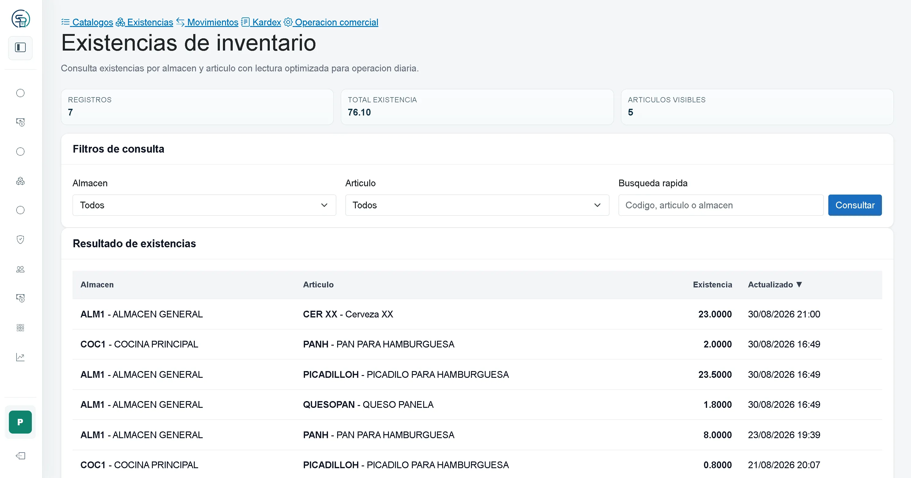 Vista real de inventario en SaboresPDV